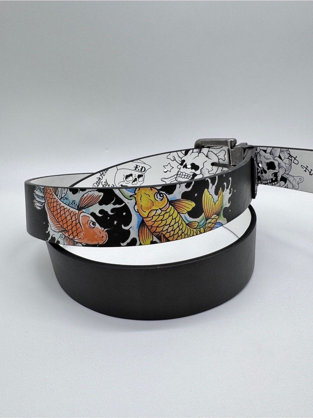 Ed Hardy Mens Reversible Belt Size 42 Skull Koi Fish Tattoo Print Black White